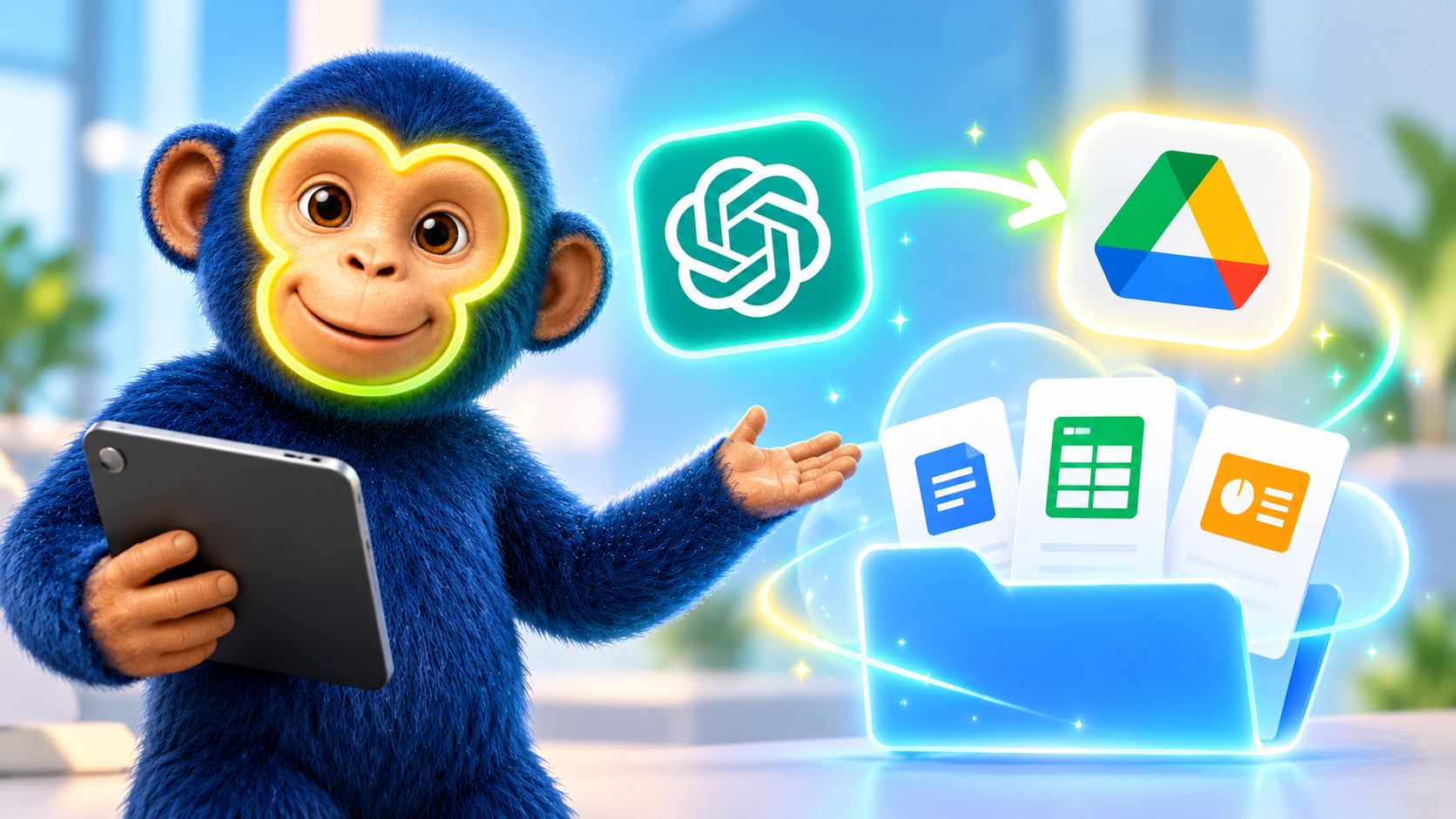 AI Monkey-illustration till artikeln: ChatGPT flyttar in i din Google Drive – så funkar den nya Library-kopplingen