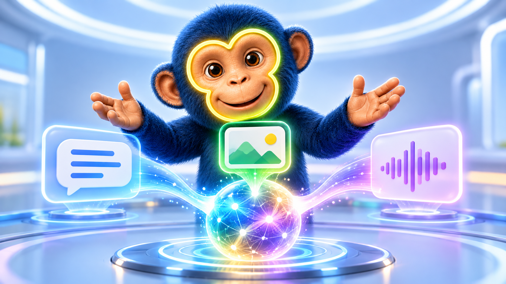 AI Monkey-illustration till artikeln: Multimodal AI förklarat — text, bild och ljud i samma modell
