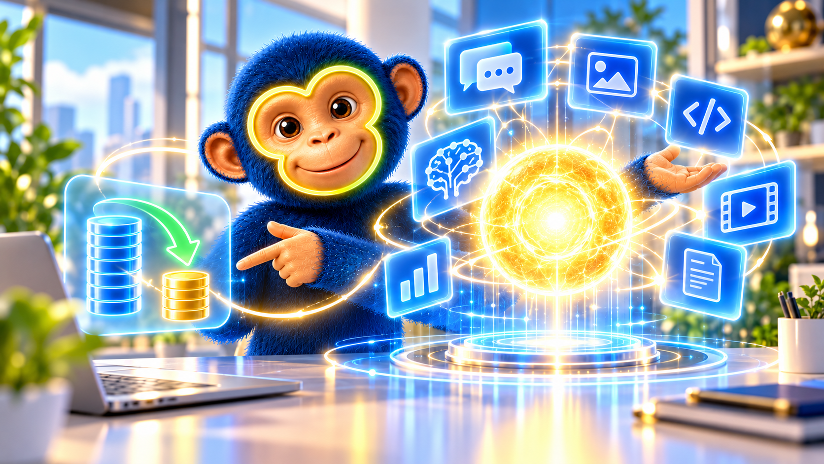 AI Monkey visar hur en stor datamängd krymper till ett fåtal mynt bredvid en glödande AI-kärna med text, bild, kod och video – illustration till artikeln om GPT-6.1 Sol