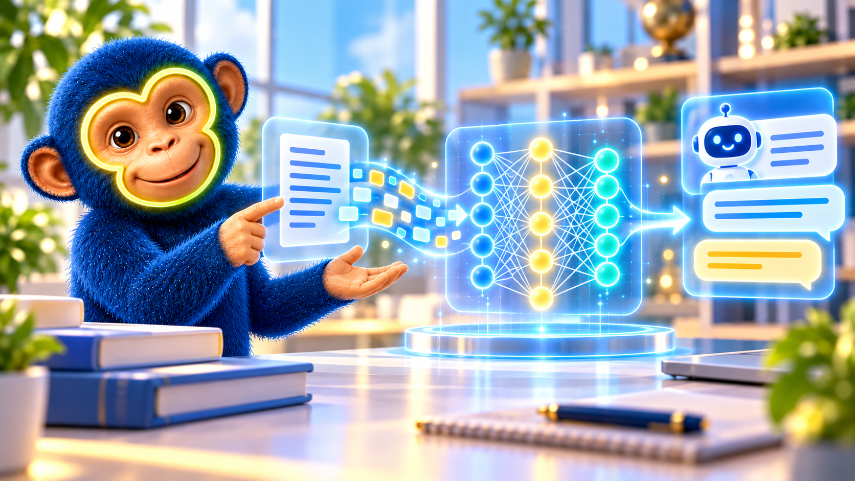 AI Monkey visar hur text delas upp i tokens, går genom ett neuralt nätverk och blir ett chattsvar – så fungerar en stor språkmodell
