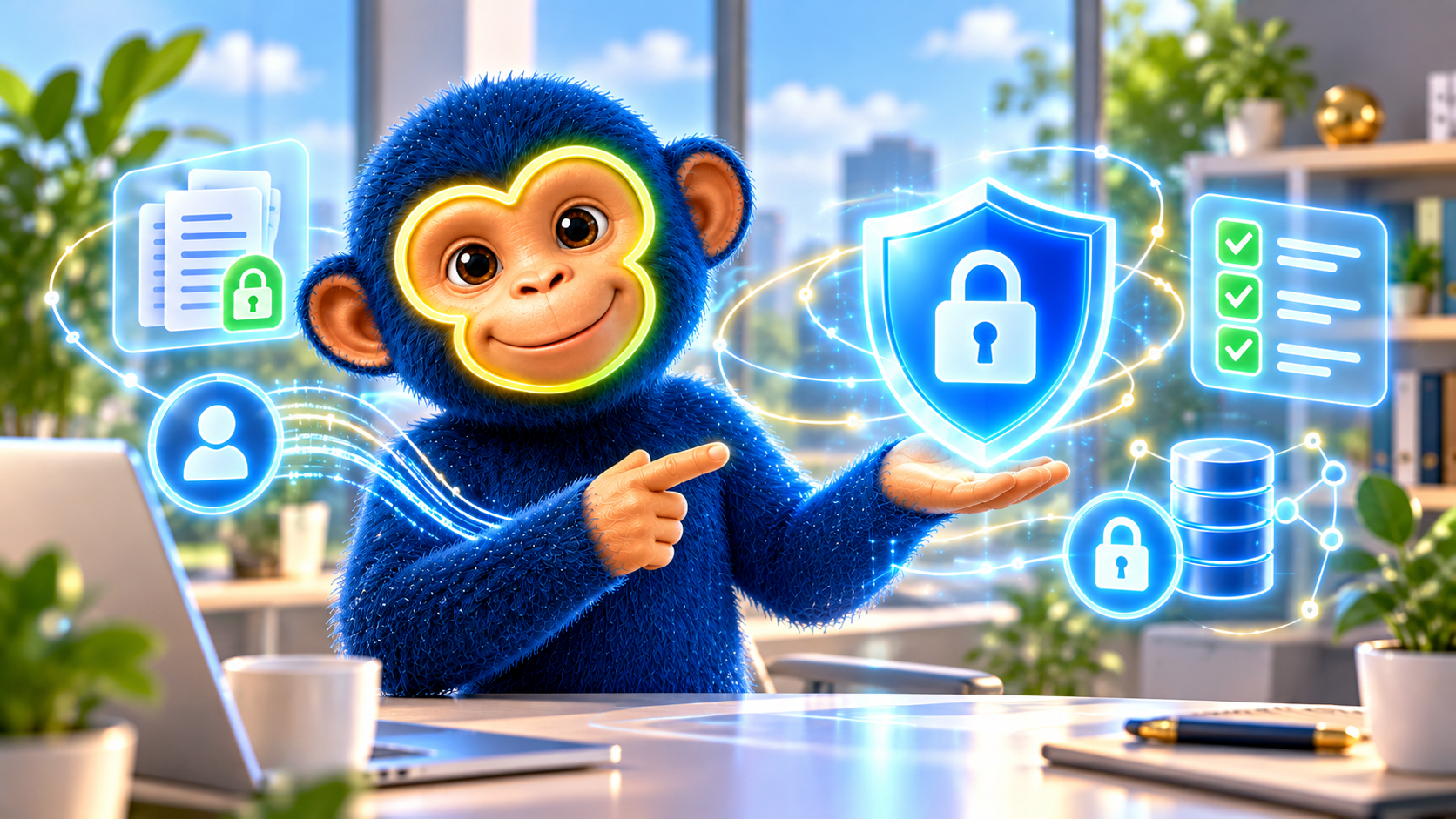 AI Monkey håller upp en lysande säkerhetssköld med hänglås, omgiven av skyddade dokument och data – illustration om AI och integritet