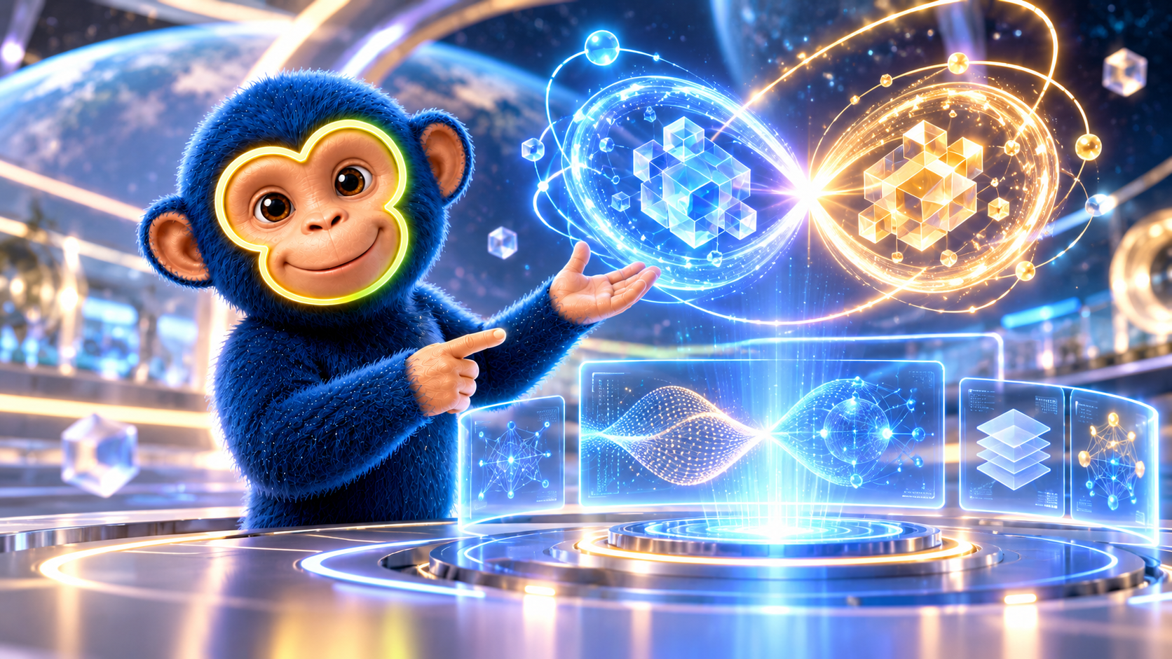 AI Monkey presenterar en lysande oändlighetssymbol med datakuber och neurala nätverk i en futuristisk miljö – illustration till artikeln om Gemini 4 Argon