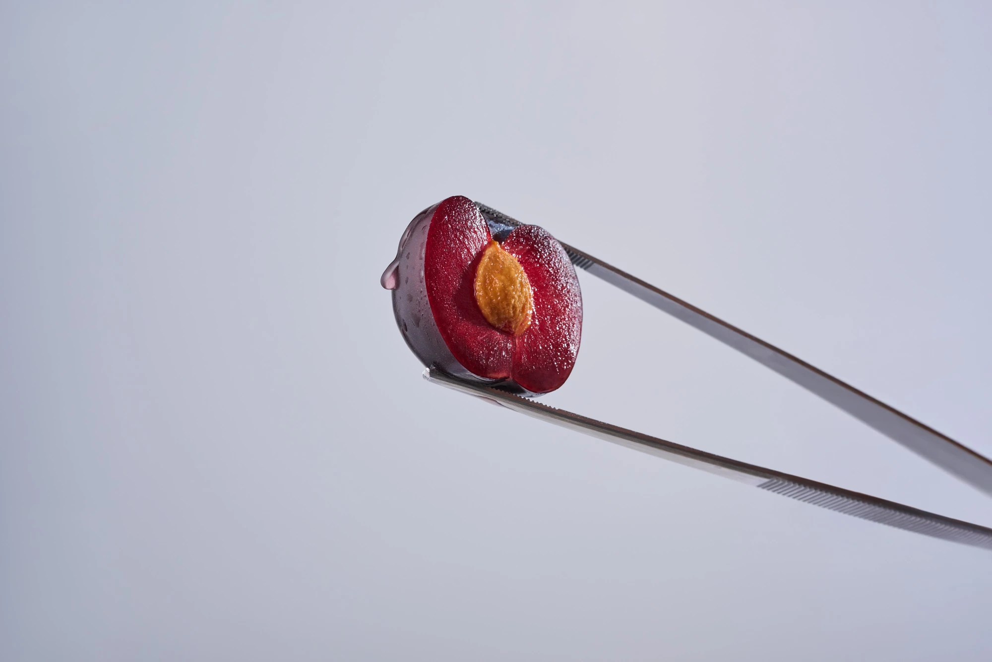 Foodfotografie für Superum: Nahaufnahme einer Pflaume mit Pinzette als Zutat | Food photography for Superum: close-up of a plum held with tweezers as an ingredient