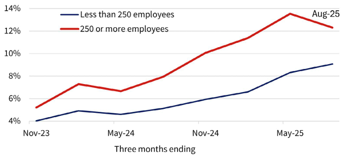 Line chart: AI use by firm size, November 2023 to August 2025, firms with fewer than 250 employees versus 250 or more