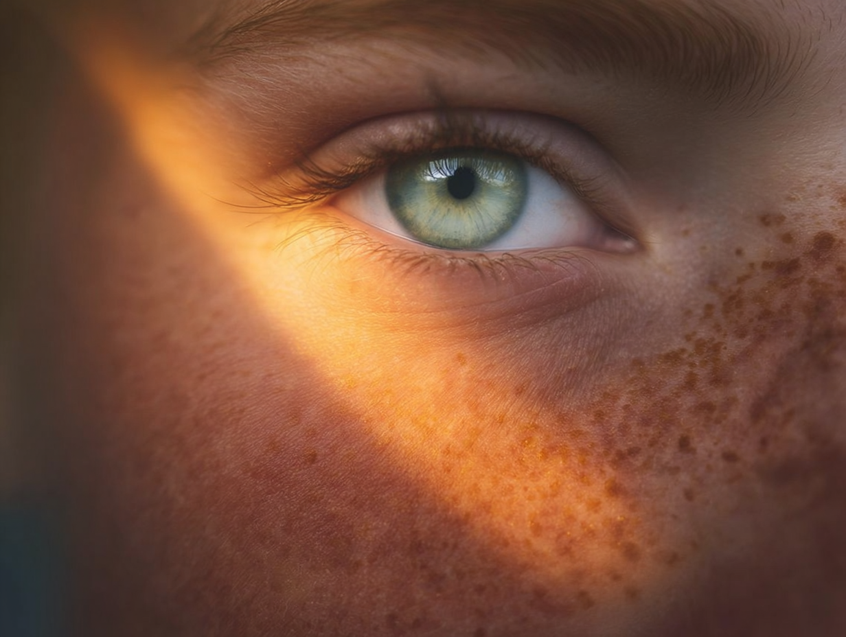 Close-up of a green eye with freckles on the surrounding skin illuminated by warm light.