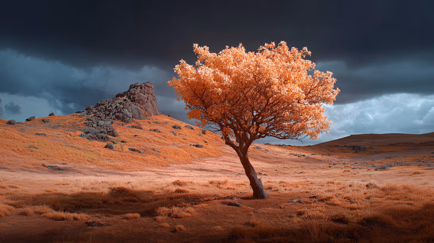 Solitary tree with orange foliage in a rocky field under a dark, cloudy sky.