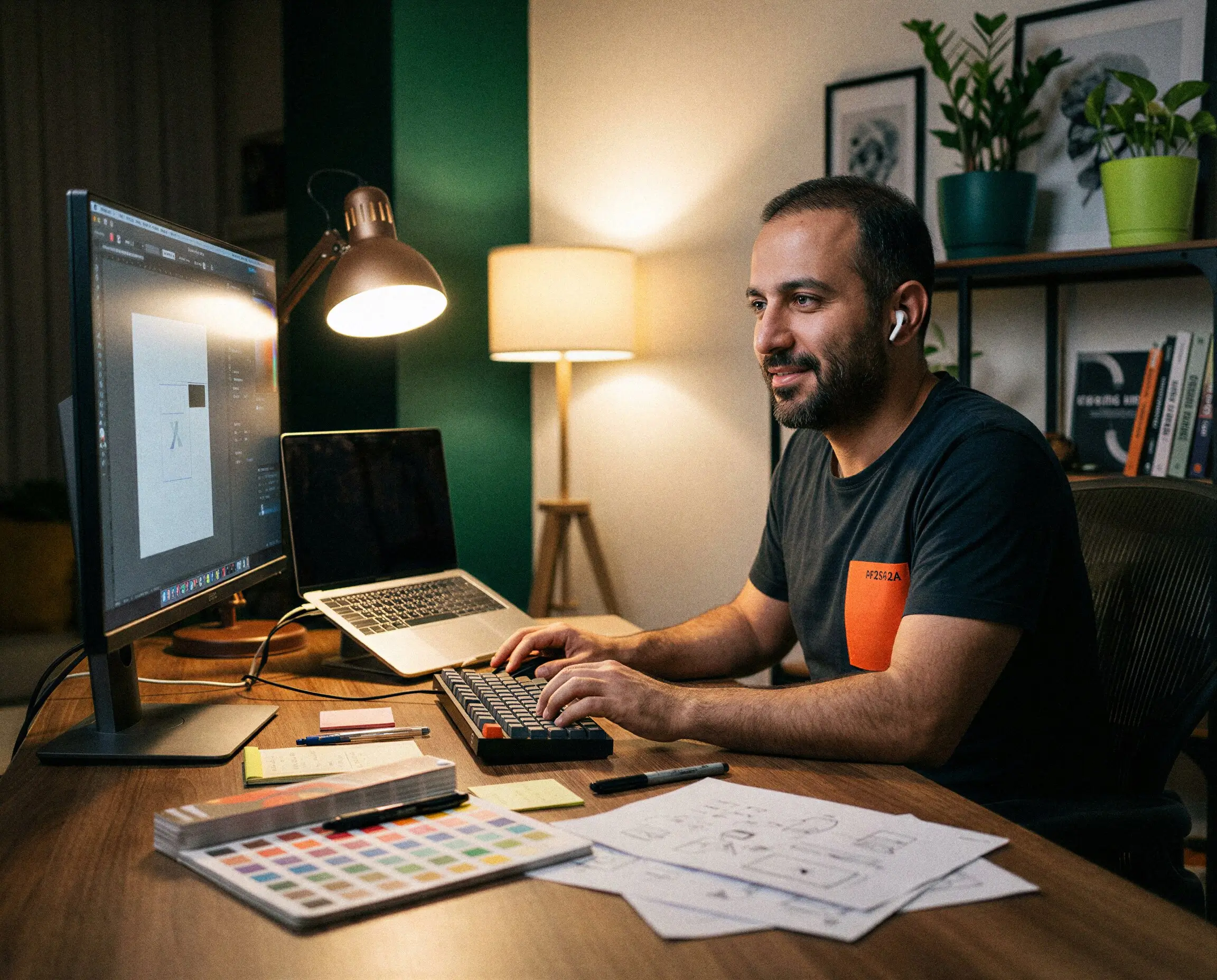 Man wearing earbuds working on computer with color swatches and sketches on the desk in a cozy, plant-decorated workspace.