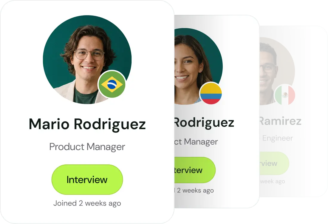 Profile card of Mario Rodriguez, Product Manager with Brazilian flag, showing a smiling man with glasses and curly brown hair, and an Interview button.