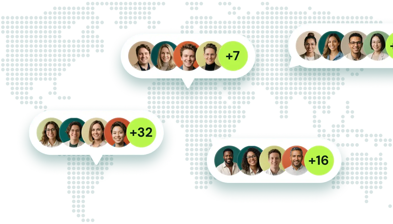 Four speech bubbles with profile photos of diverse groups of people and numbers indicating additional members, overlaid on a world map background.