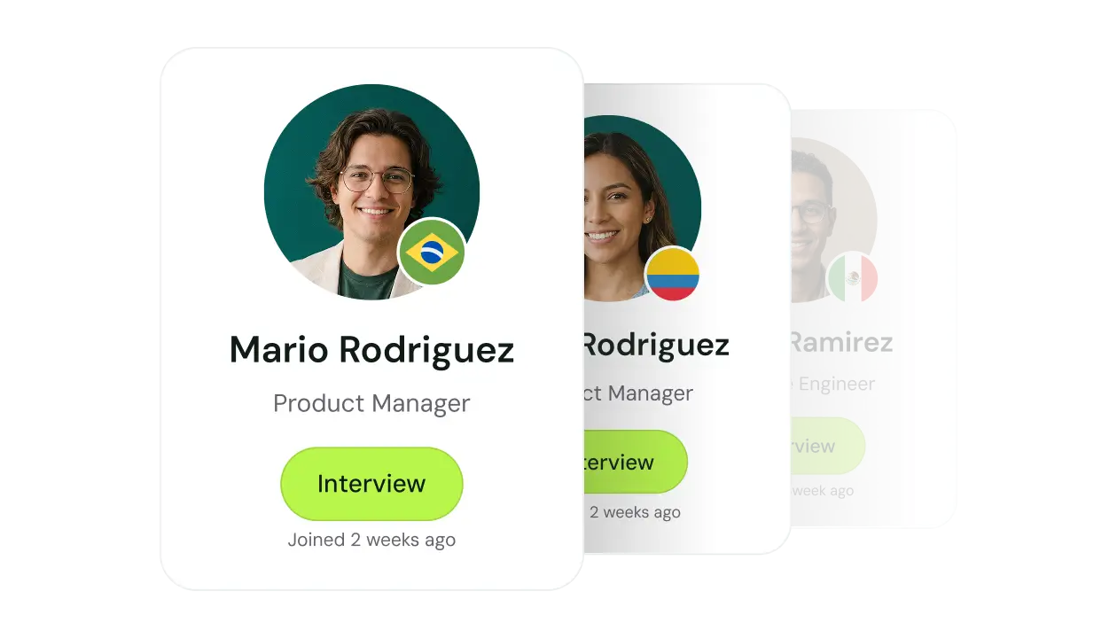 Stacked profile cards showing Mario Rodriguez, a product manager from Brazil, with an interview button and join date of 2 weeks ago.