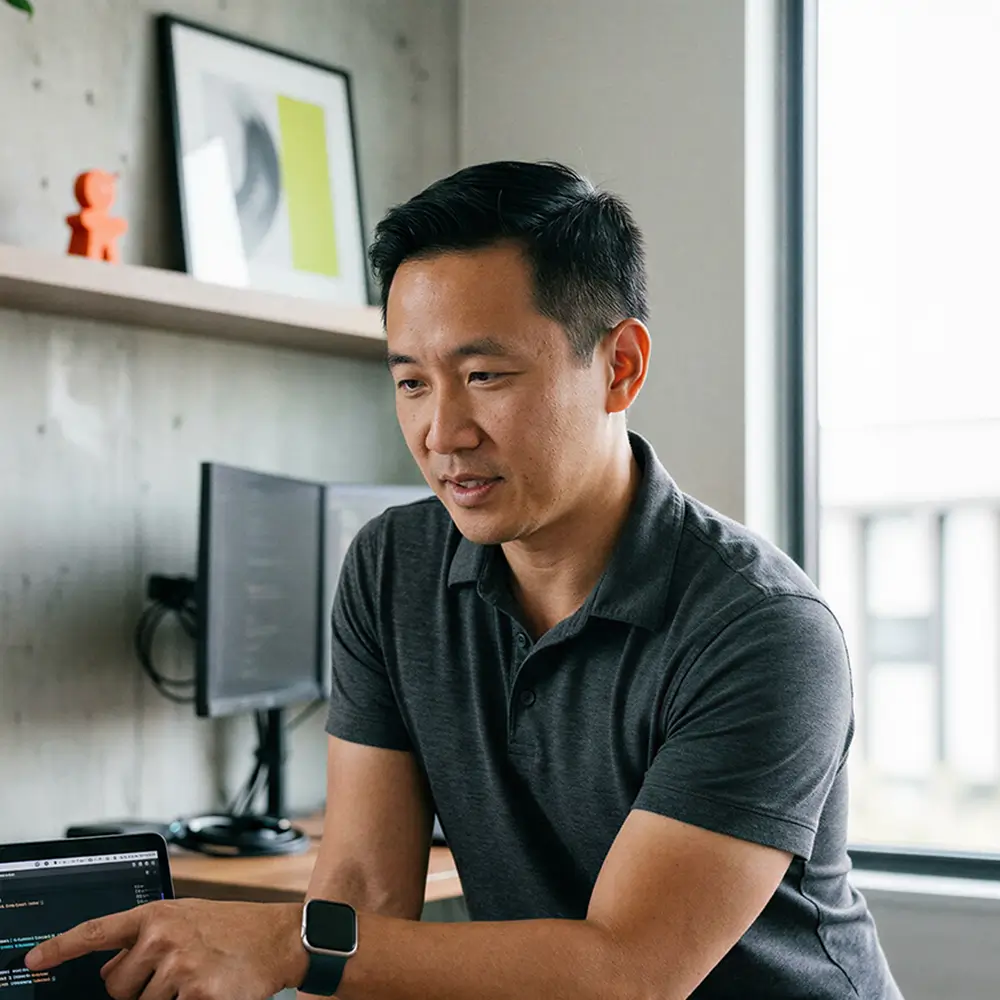Man in a dark grey polo shirt pointing at a laptop screen in a modern office with a window and computer monitors in the background.