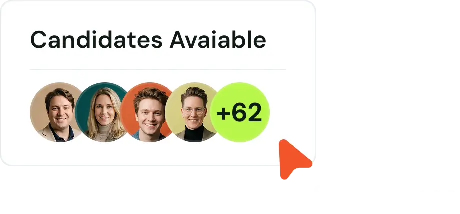 Profile pictures of four smiling candidates and a green circle indicating 62 more candidates available.