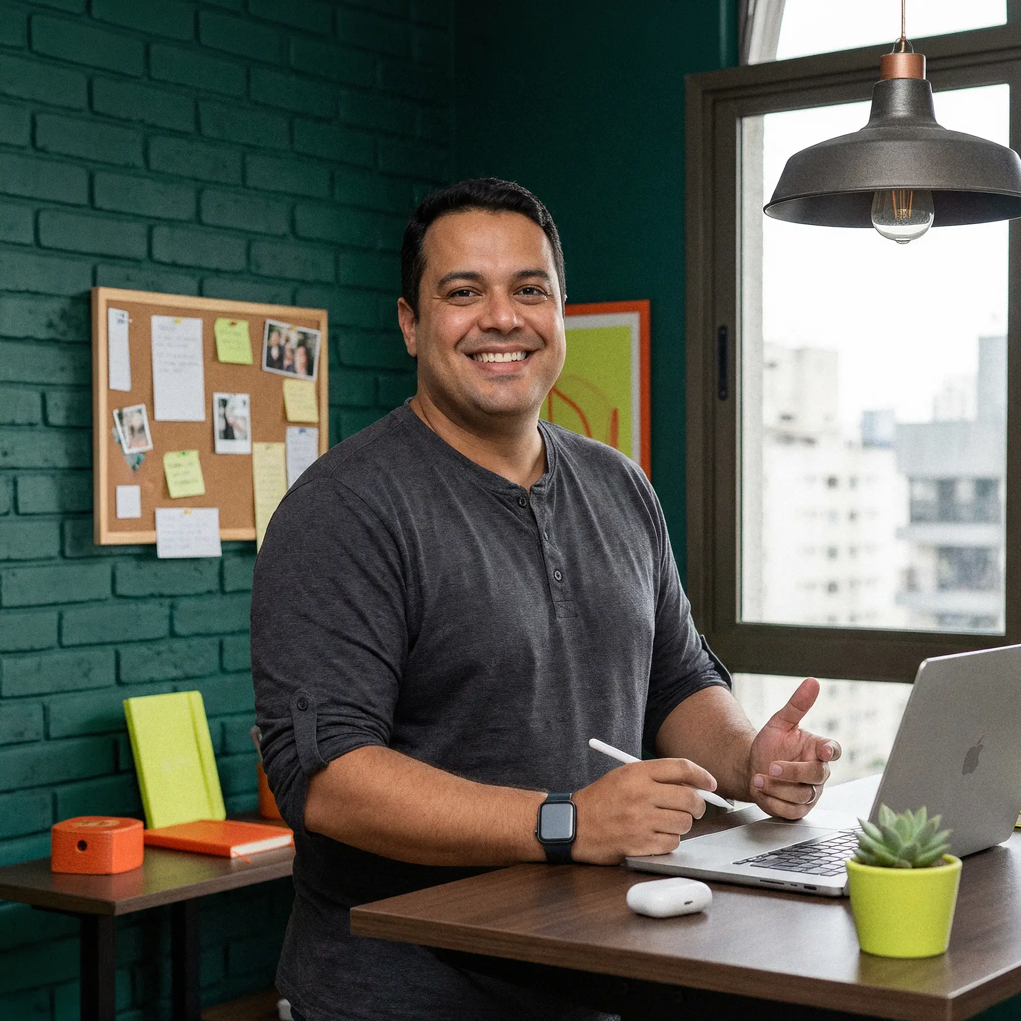 Smiling man in a dark shirt sitting at a desk with a laptop and stylus in a modern office.