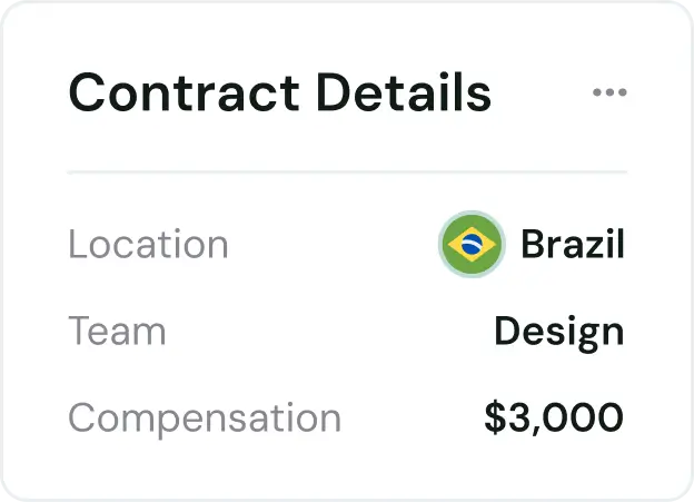 Contract details showing location Brazil with flag, team Design, and compensation $3,000.