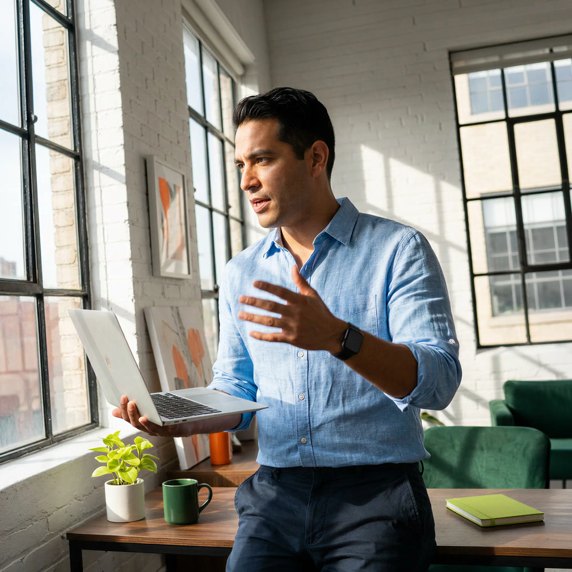 Man in a blue shirt holding a laptop and speaking in a bright modern office with large windows.