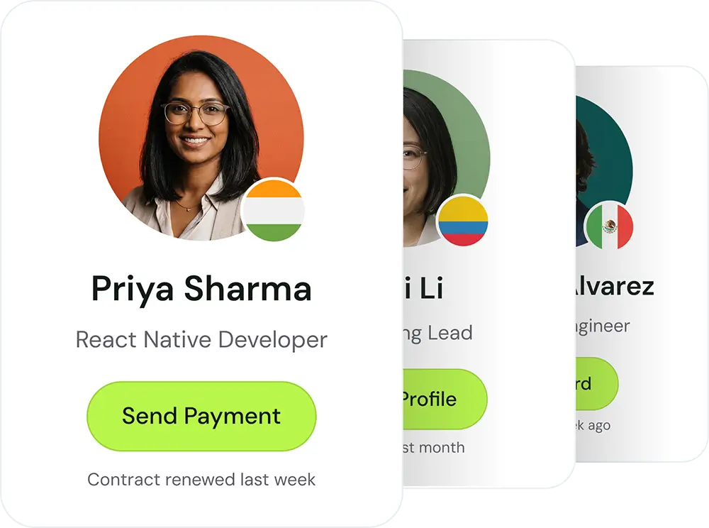 Profile card of Priya Sharma, React Native Developer from India, with a 'Send Payment' button and contract renewal note.