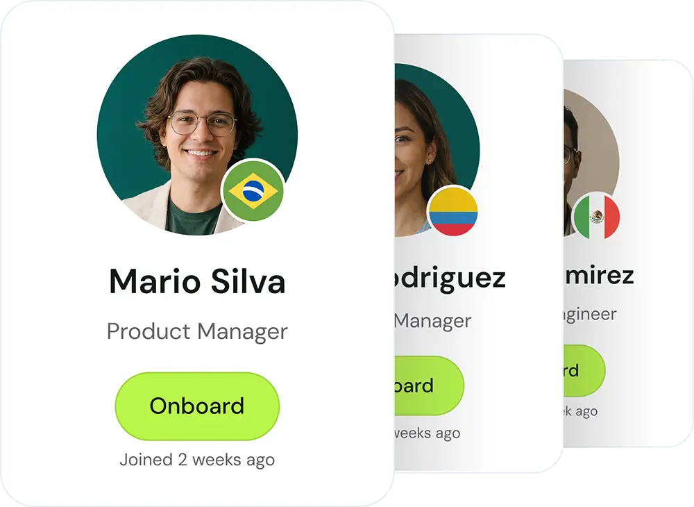 Profile card of Mario Silva, smiling man with glasses and curly hair, labeled Product Manager with Brazilian flag, onboarding button, joined 2 weeks ago.