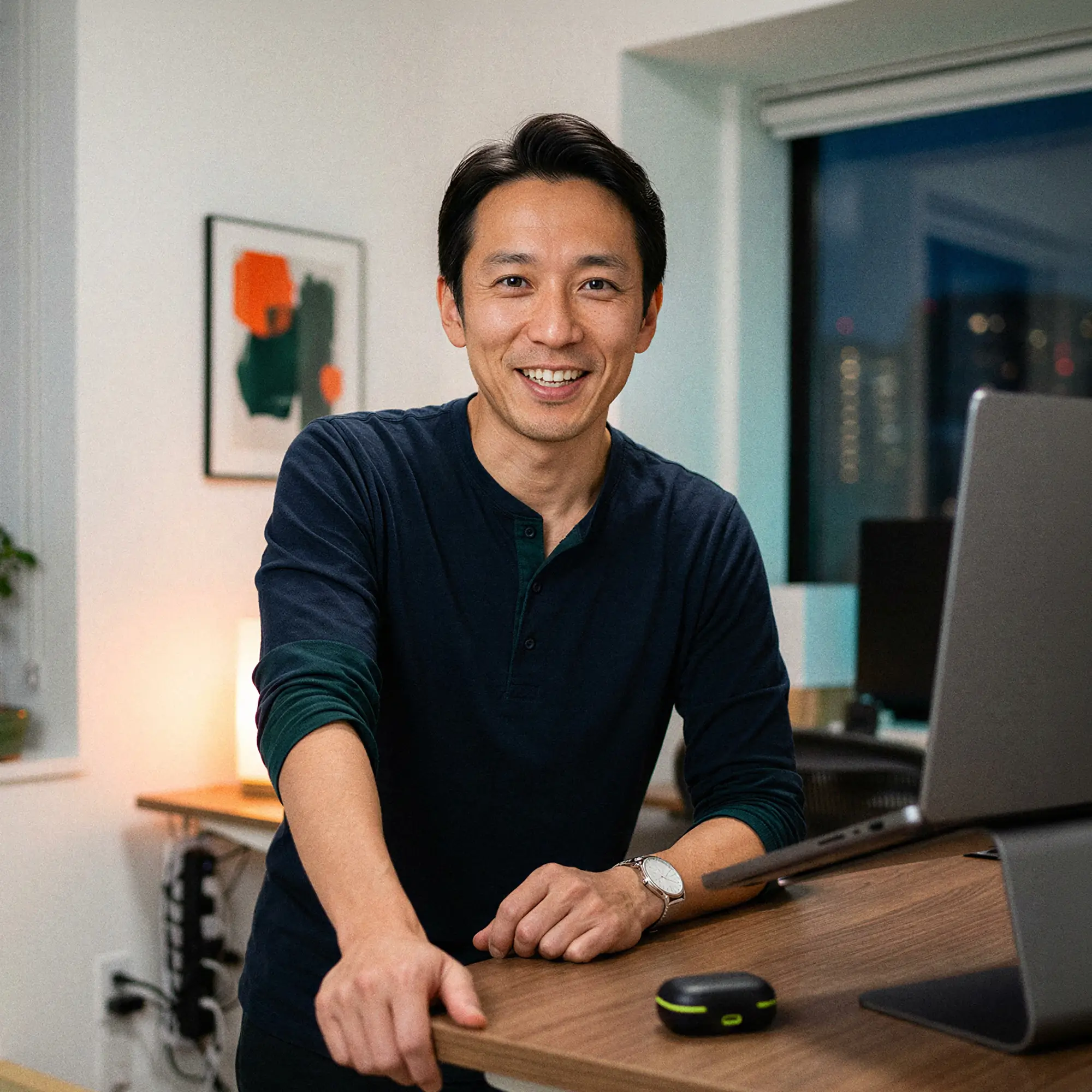 Smiling man in a navy blue shirt standing at a desk with a laptop in a modern office.