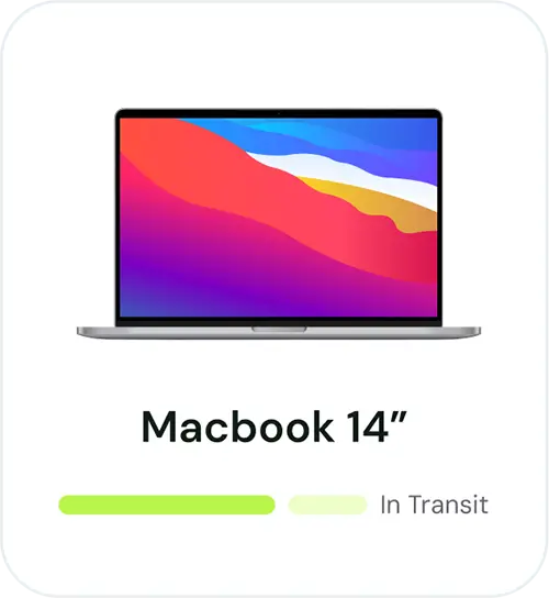 Front view of a 14-inch MacBook with a colorful abstract wallpaper and an In Transit status bar below.