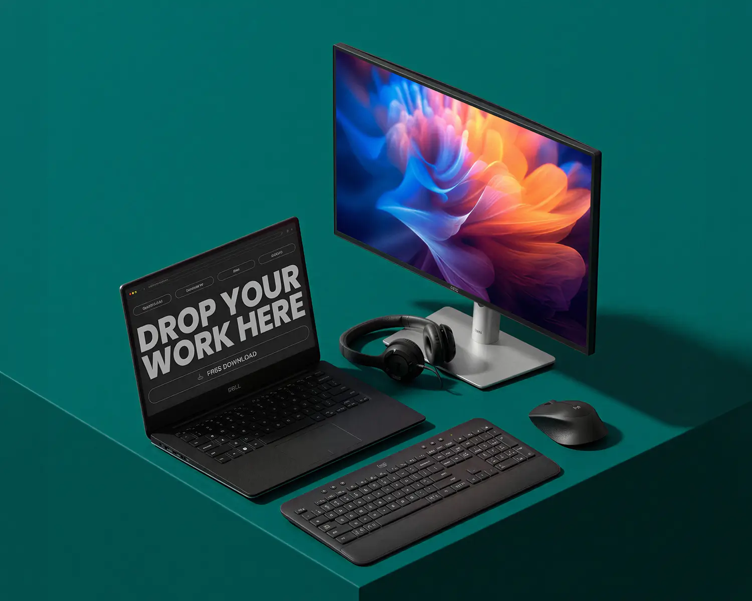 Black laptop with screen displaying 'DROP YOUR WORK HERE' next to a monitor, wireless keyboard, mouse, and headphones on a teal surface.