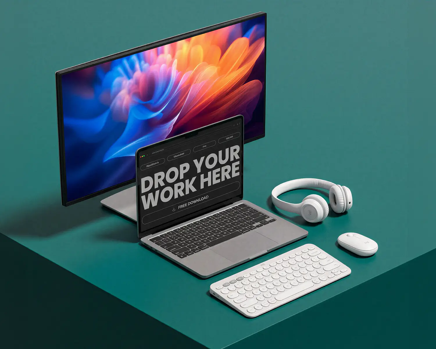 Workspace with a laptop displaying 'DROP YOUR WORK HERE', a monitor with colorful abstract wallpaper, white wireless keyboard, mouse, and headphones on a teal desk.