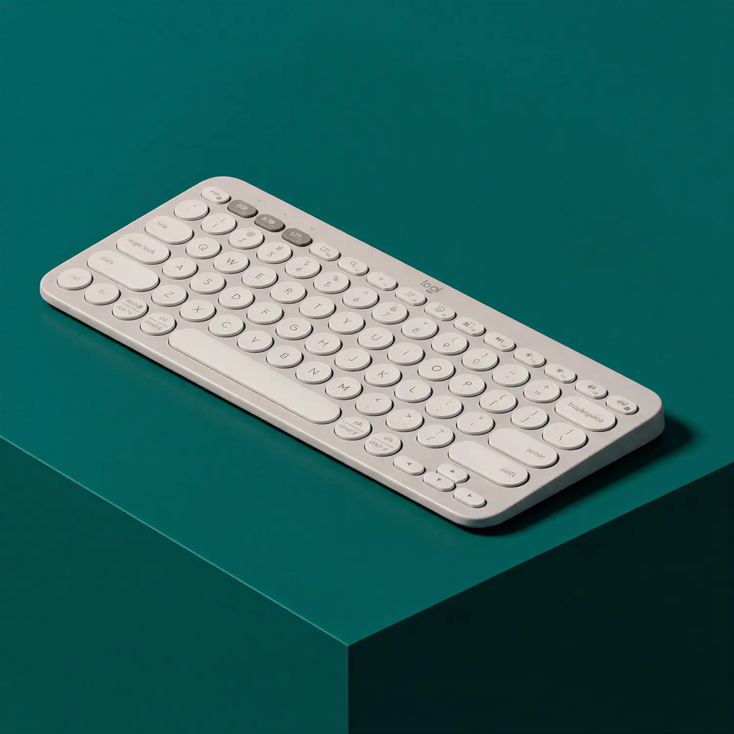 Compact white wireless keyboard with round keys on a teal green surface.