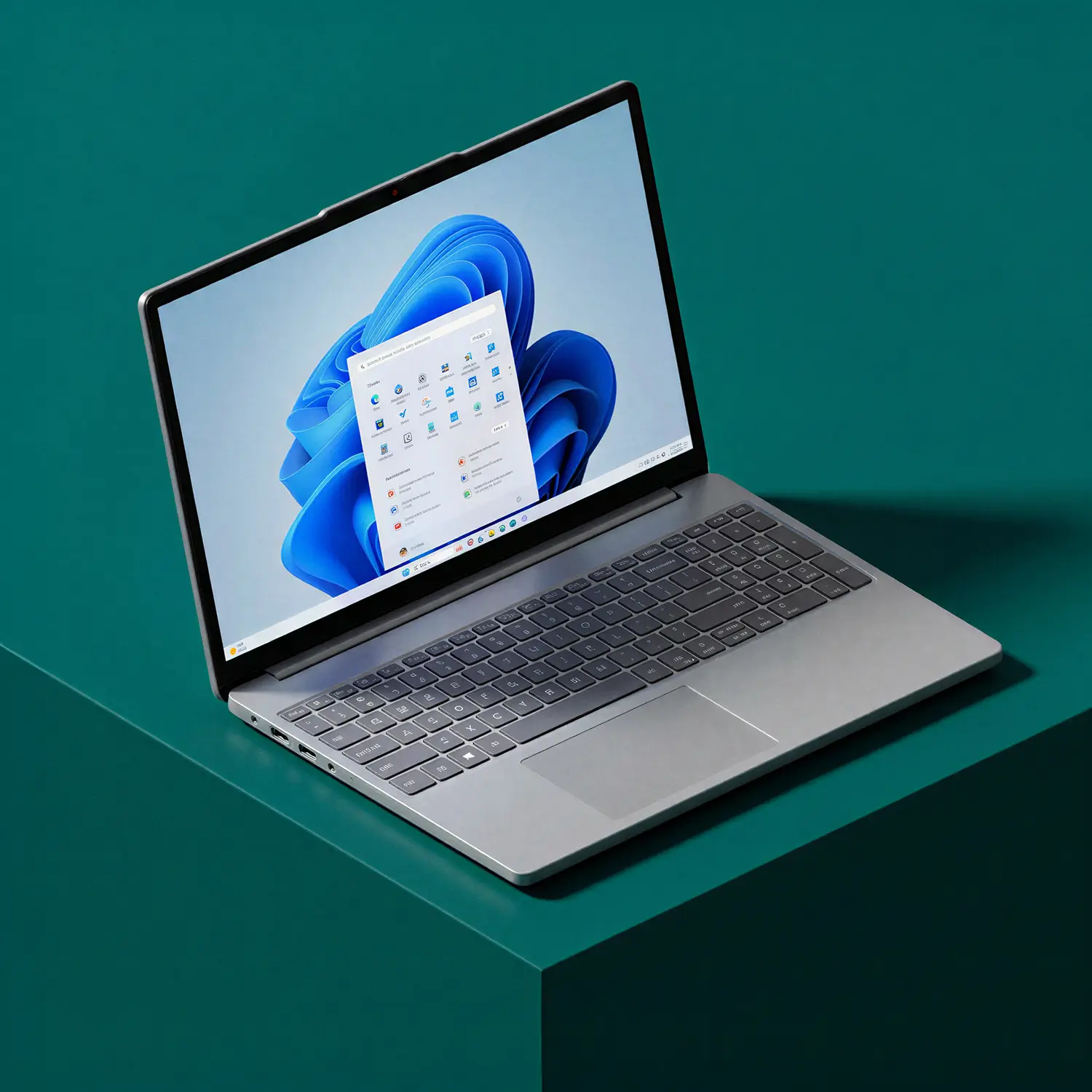 Open laptop with a silver keyboard displaying Windows 11 Start menu on a teal surface.