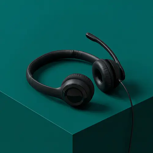 Black over-ear headset with attached microphone on a dark teal surface.