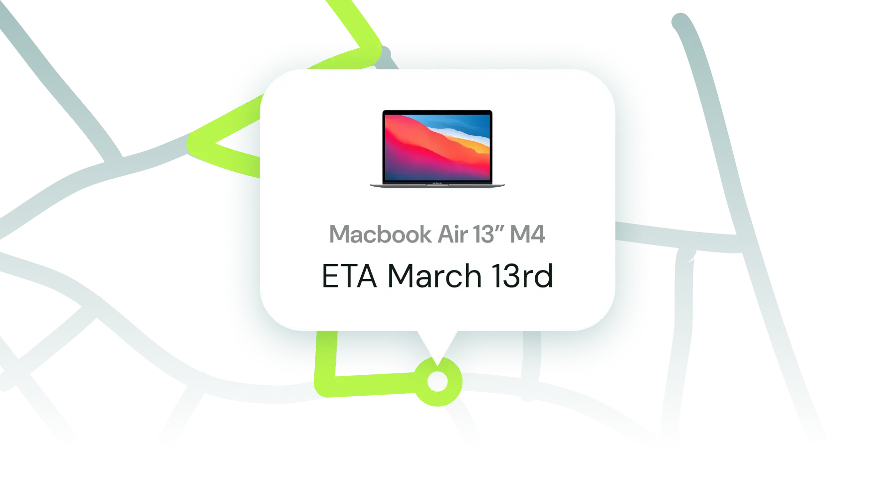 Map marker showing a MacBook Air 13-inch M4 with an estimated arrival date of March 13rd, connected by a green route line on a dark street map.
