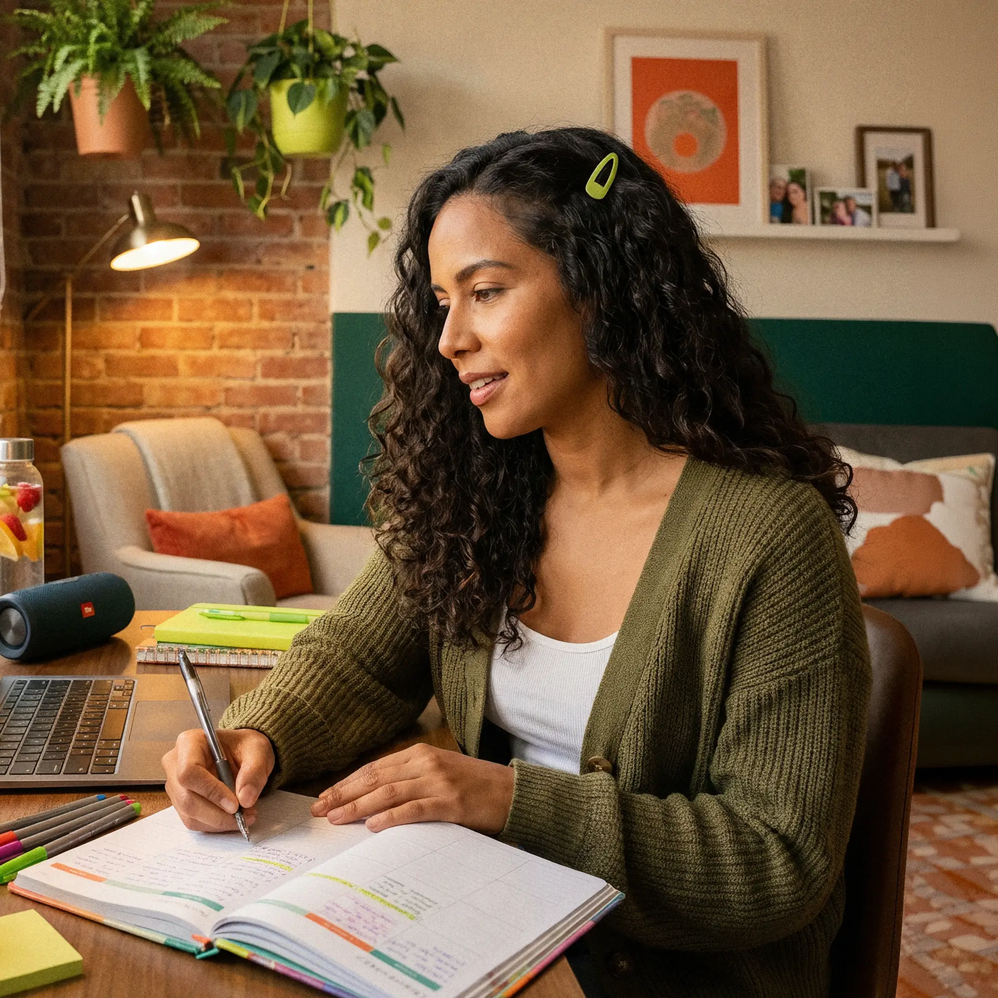 Woman with curly hair in green cardigan writing in an open planner at a desk with laptop and colorful markers in a cozy room.