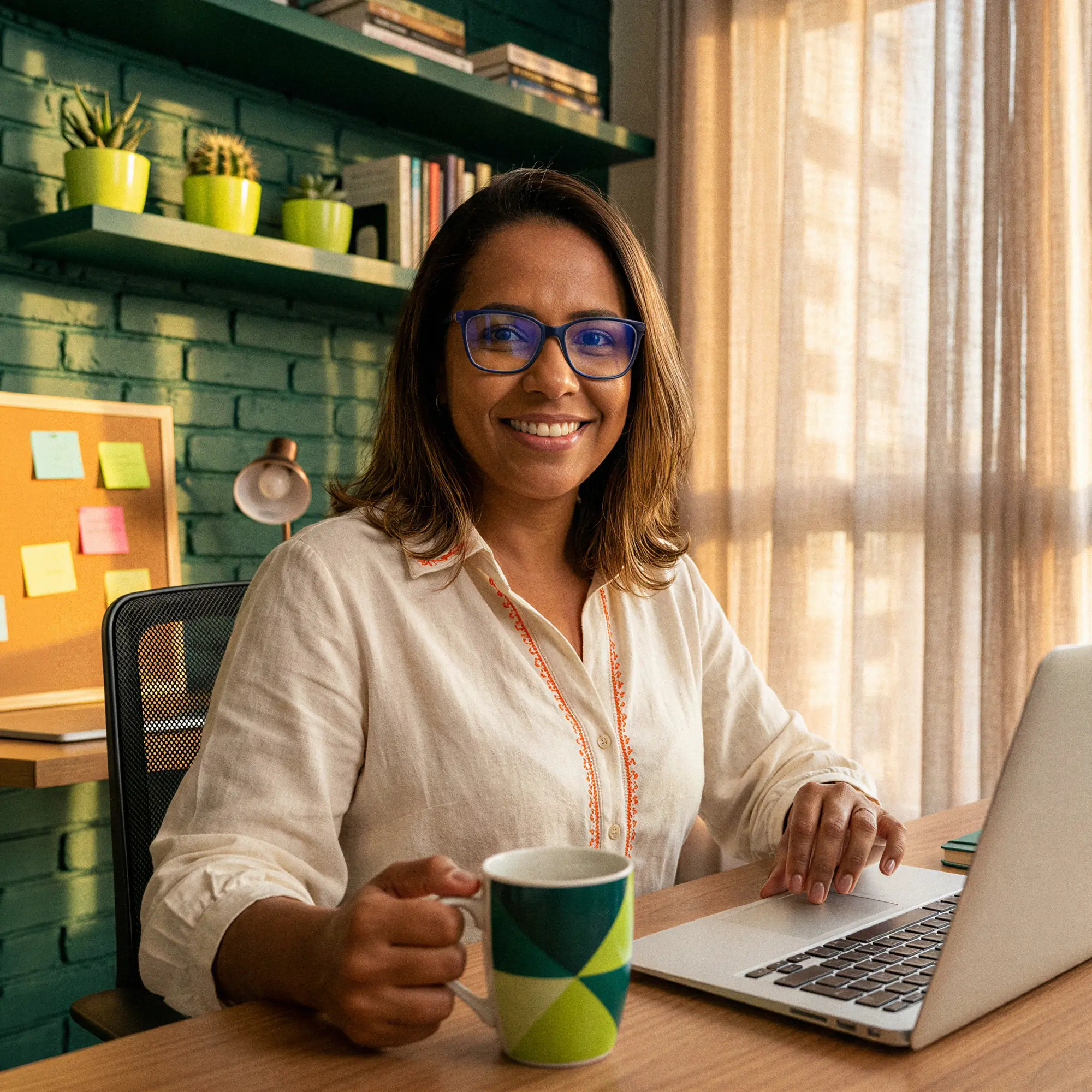 Smiling woman with glasses sitting at a desk with a laptop and holding a colorful coffee mug in a home office.