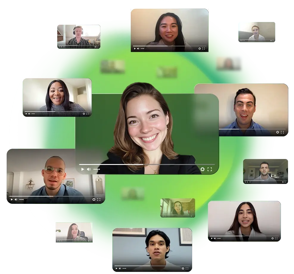 Collage of diverse people smiling in video call windows on a green circular background.