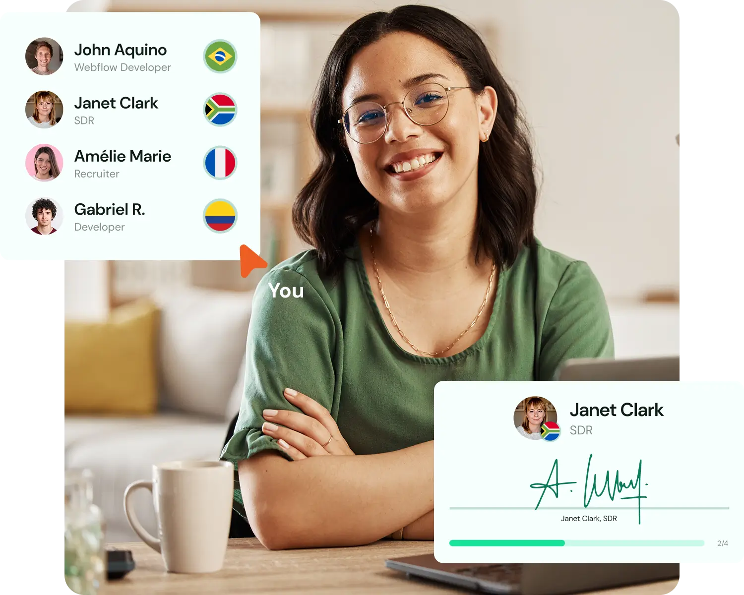 Smiling woman with glasses in a green shirt sitting at a table with a laptop and coffee, overlaid with profiles showing names, roles, and flags of Brazil, South Africa, France, and Colombia.