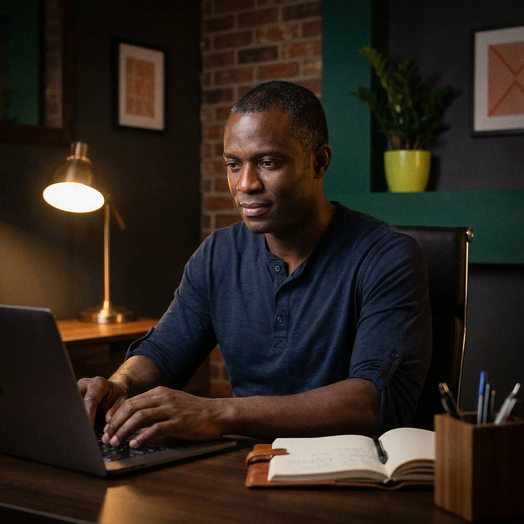 Man in a navy shirt working on a laptop at a desk with a notebook and lamp in a cozy room.