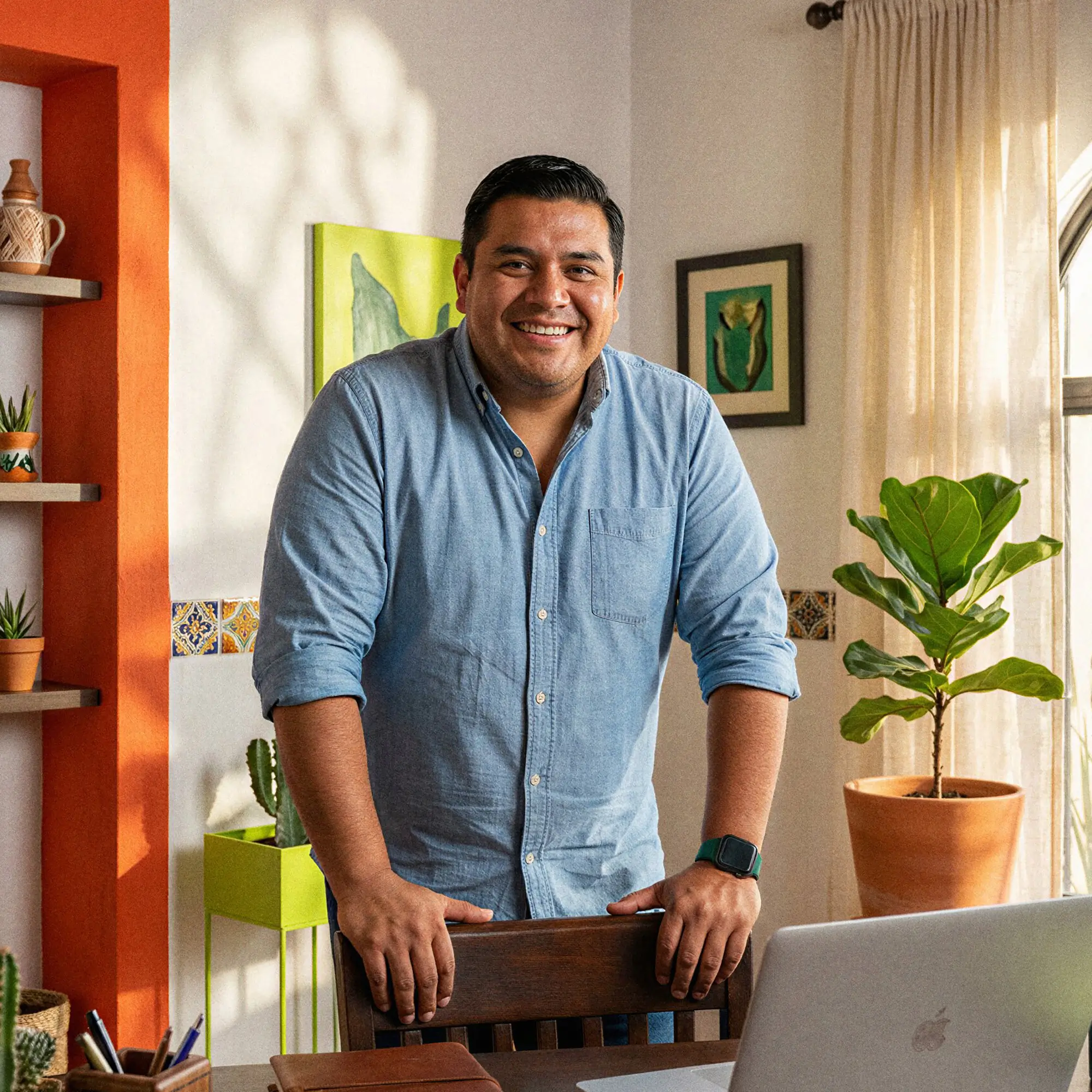Smiling man in blue shirt standing and leaning on chair in a bright indoor room with plants and laptop.