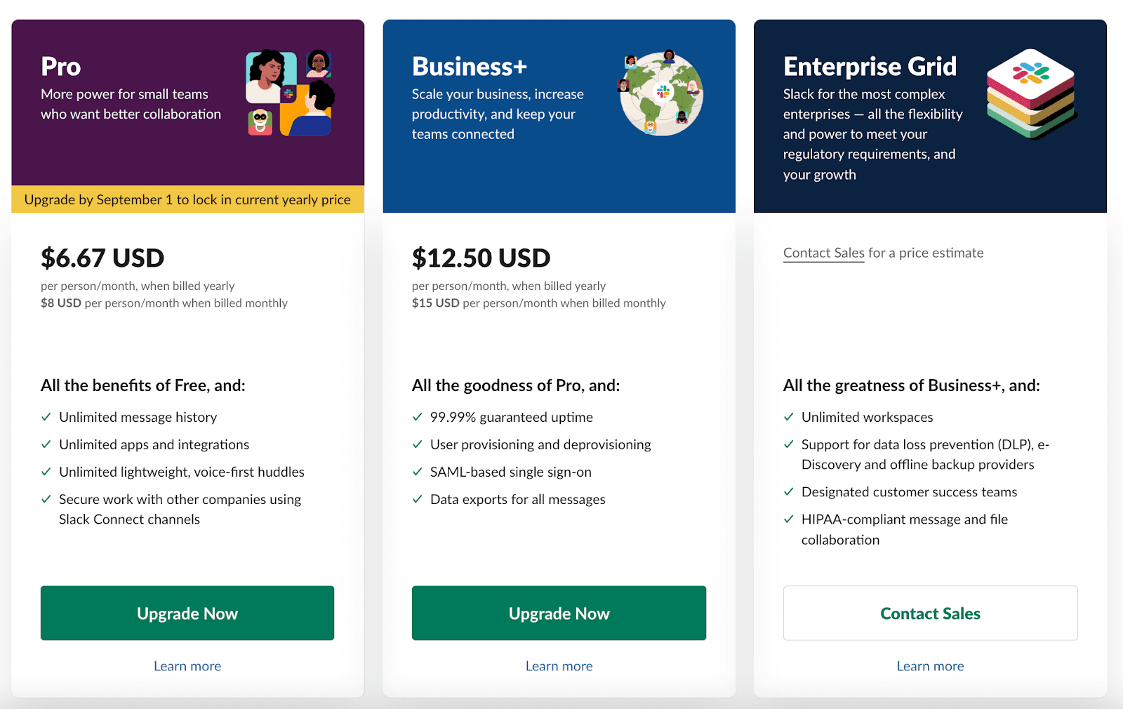 Slack pricing plans showing Pro at $6.67, Business+ at $12.50, and Enterprise Grid with feature lists