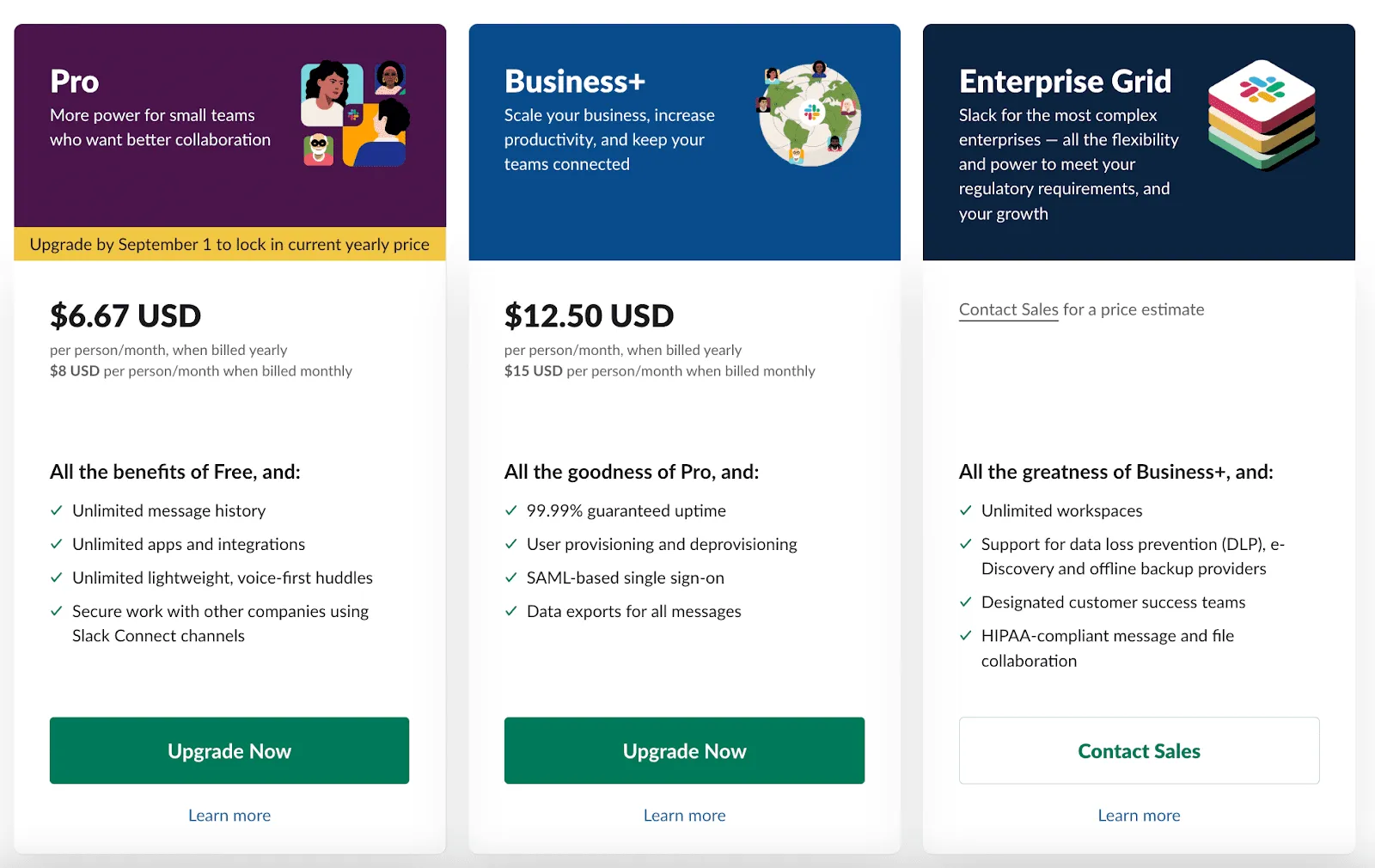 The three pricing tiers for Slack.