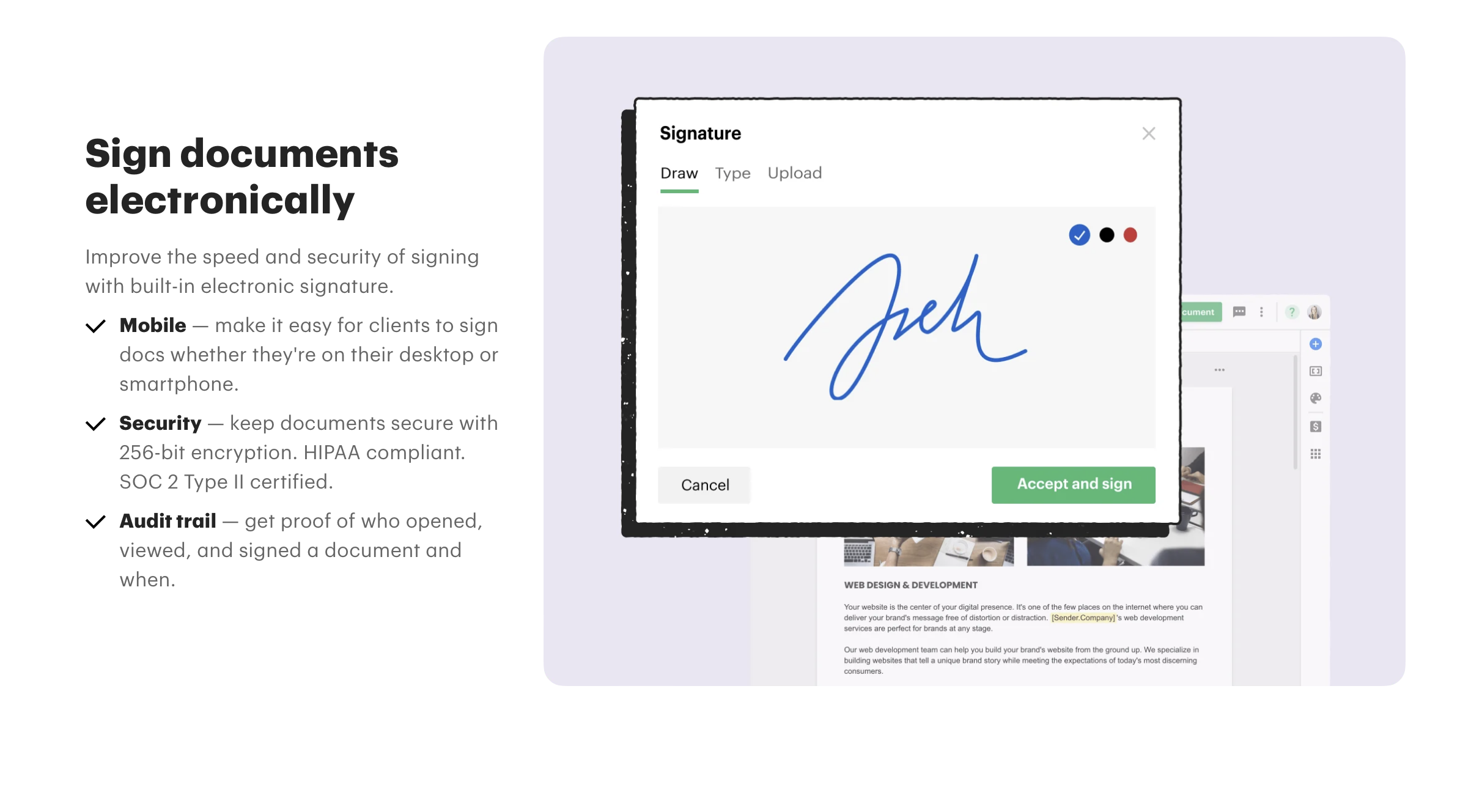 PandaDoc electronic signature feature showing a drawn signature in a modal with Accept and Sign button
