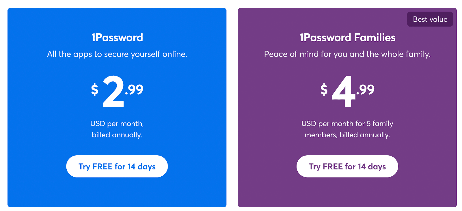 1Password pricing: individual plan at $2.99/month and Families plan at $4.99/month with 14-day free trial