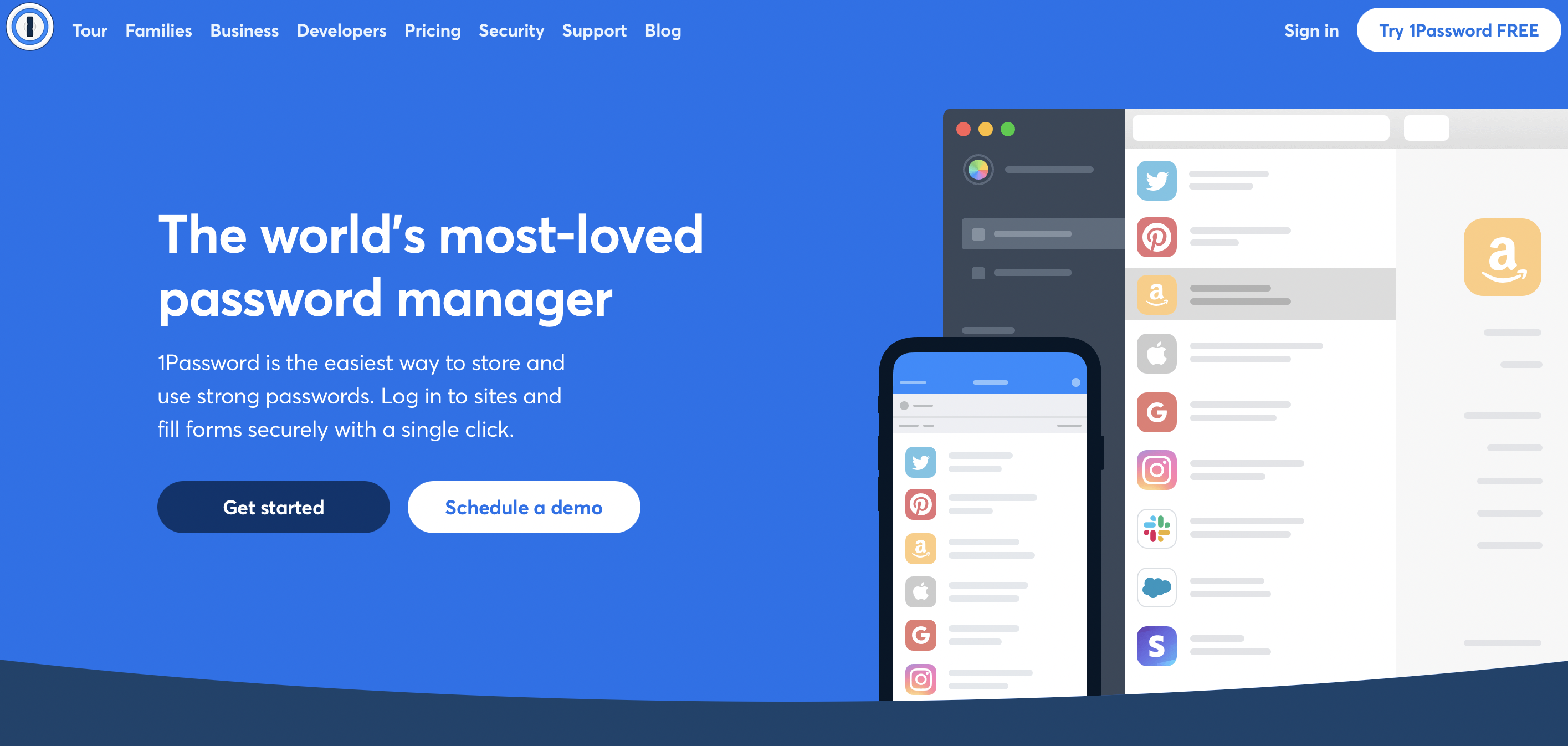 1Password homepage with "world's most-loved password manager" headline and app interface on blue background