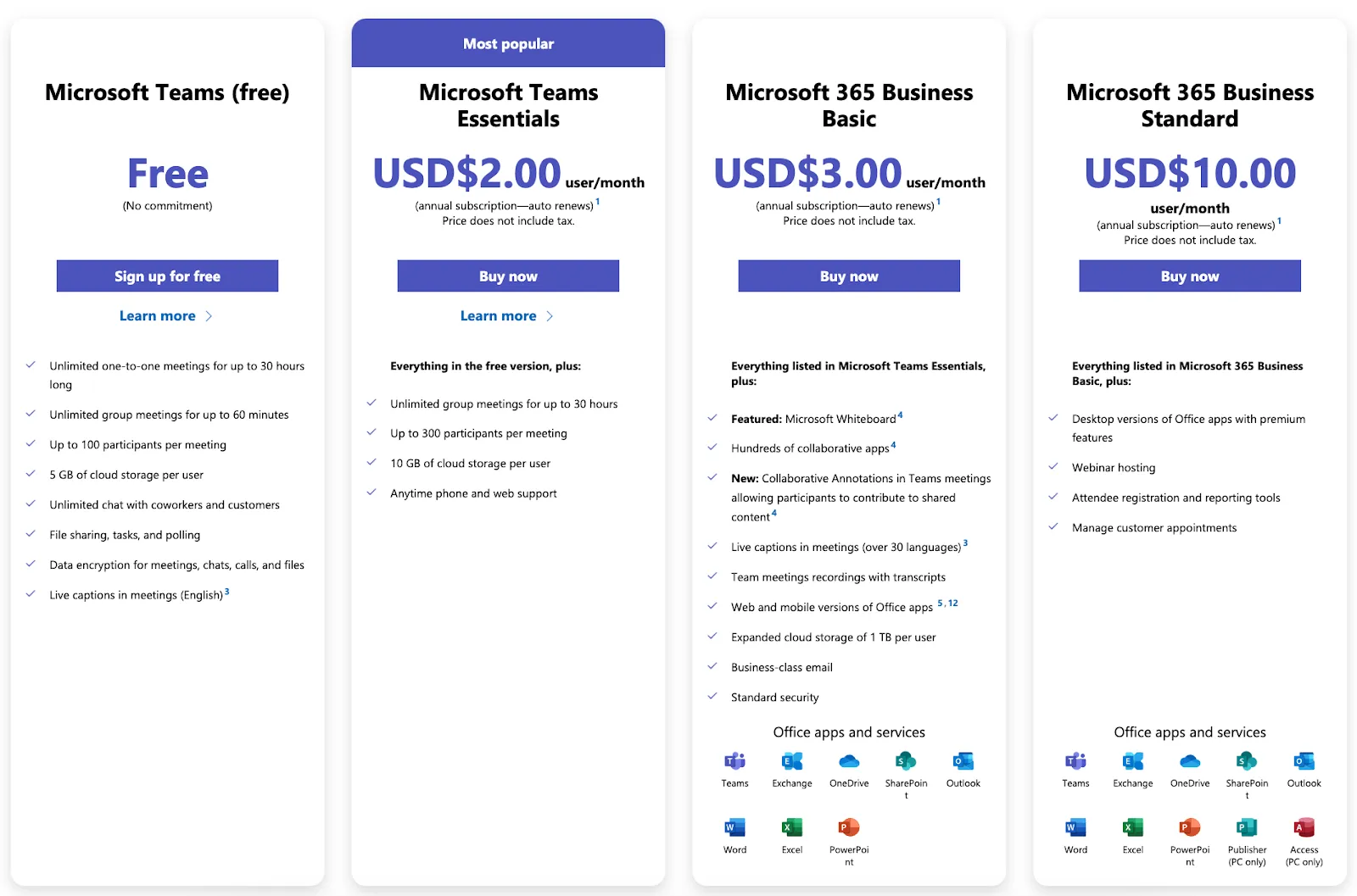 Microsoft Teams pricing tiers