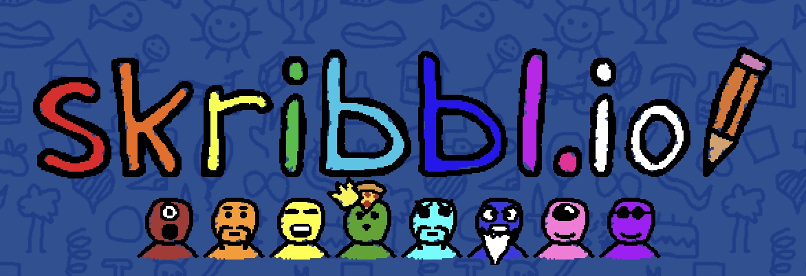 The colorful logo of skribbl.io, an online multiplayer drawing and guessing game, displayed on a blue illustrated background. Below the rainbow-colored lettering stands a row of cartoon character avatars in various colors, representing the game's fun, casual team engagement format.