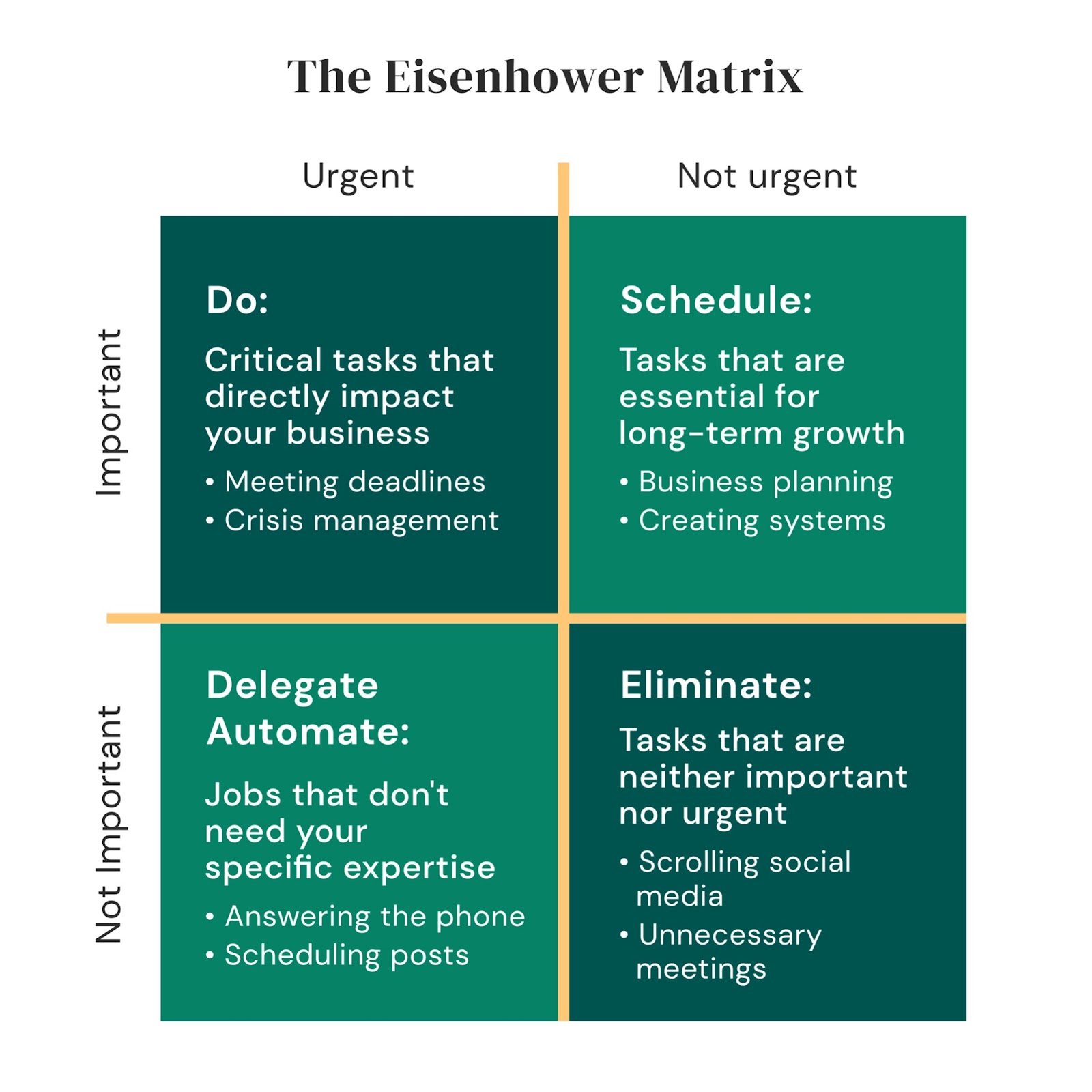 An infographic titled "The Eisenhower Matrix" showing a two-by-two grid organized by urgency and importance. The four quadrants are: Do (critical tasks like meeting deadlines and crisis management), Schedule (tasks essential for long-term growth like business planning), Delegate/Automate (jobs not requiring specific expertise like answering the phone), and Eliminate (tasks like scrolling social media and unnecessary meetings).