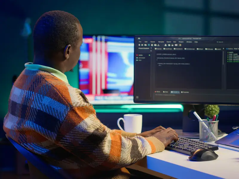 Viewed from behind, a Black developer in a colorful plaid sweater sits at a dual-monitor desk in a dark room with blue ambient lighting. The right monitor displays a dark-themed code editor with a file tree and source code visible, suggesting active software development work.