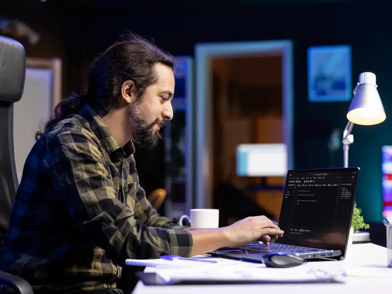 A bearded developer with long dark hair tied back sits in profile at a desk in a dimly lit home office, typing on a laptop showing a dark-themed code editor. A desk lamp, coffee mug, and small plant are visible, conveying a focused late-night coding session typical of remote software development.