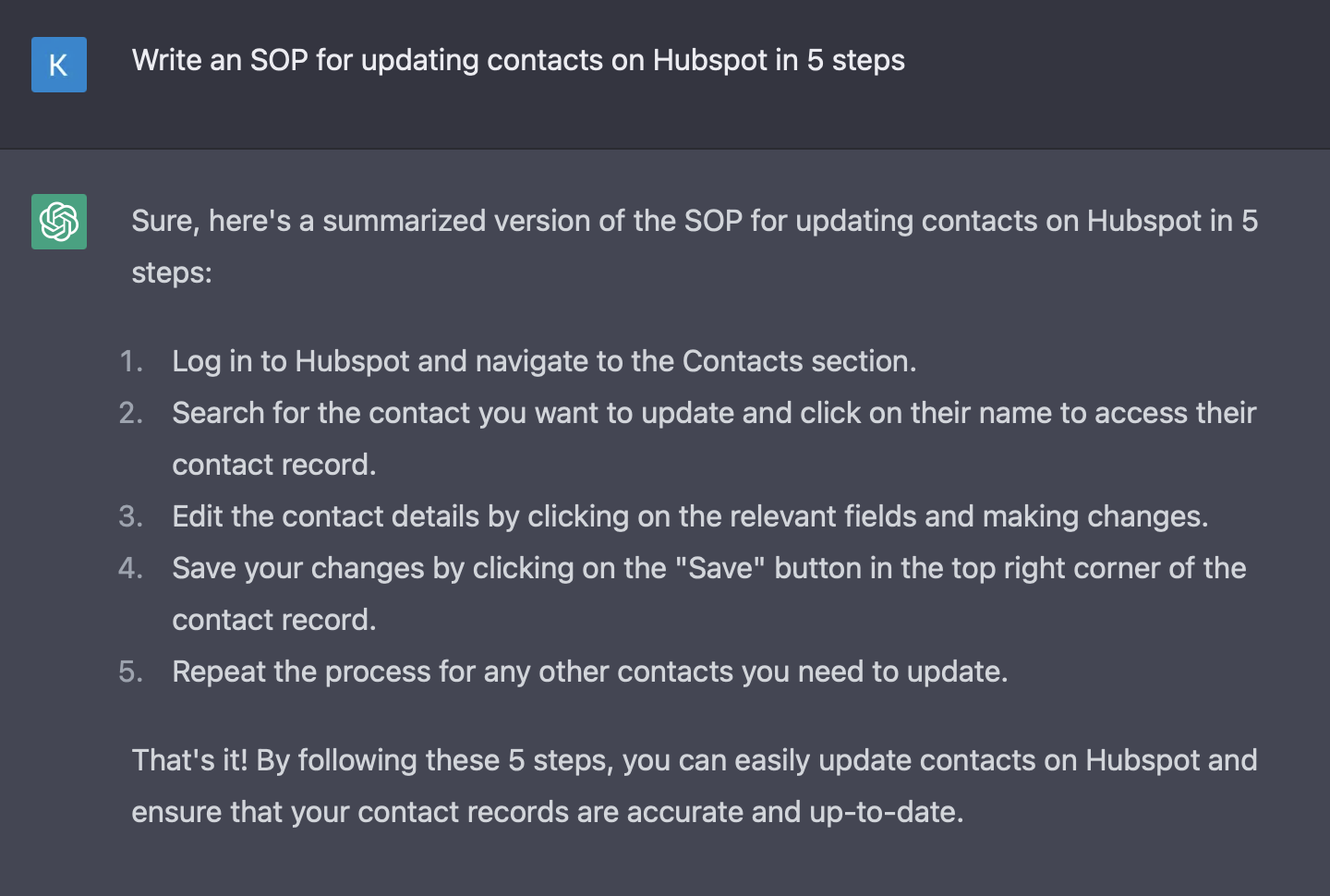 A ChatGPT conversation screenshot showing a user prompt asking for a 5-step SOP to update contacts in HubSpot. ChatGPT's response lists steps including logging in, searching for the contact, editing fields, saving changes, and repeating for additional contacts.