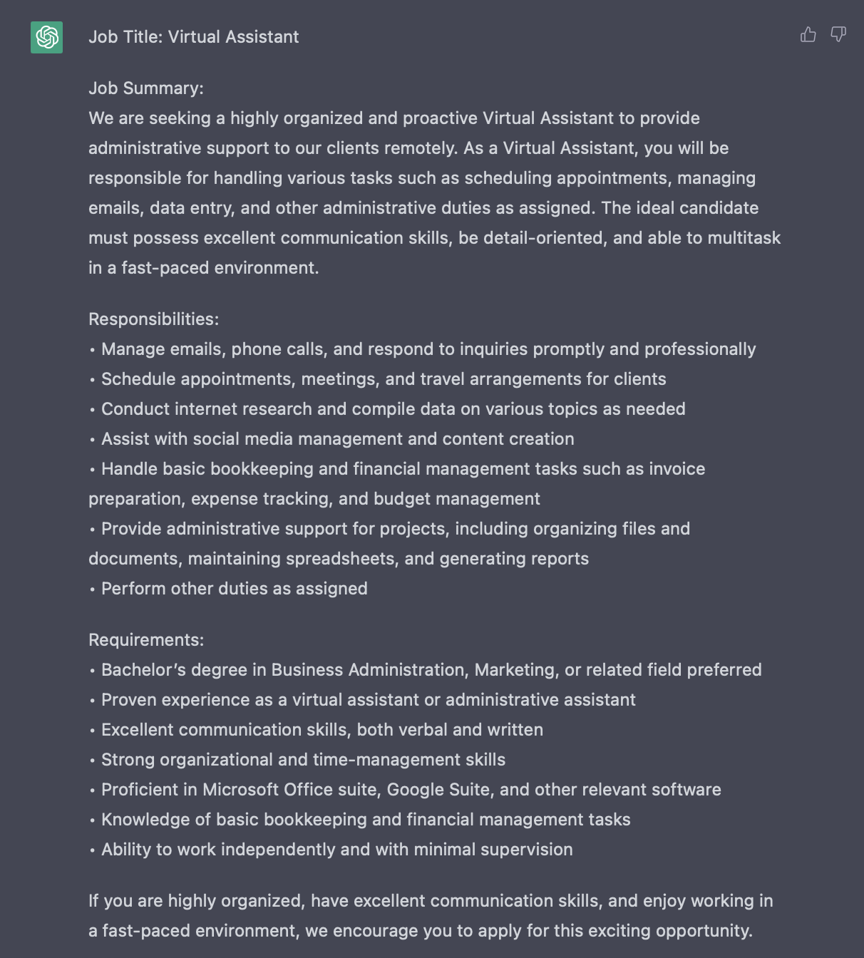 A ChatGPT-generated job description for a Virtual Assistant role, listing the job summary, responsibilities such as managing emails, scheduling, and bookkeeping, and requirements including a business degree, communication skills, and proficiency in Microsoft Office and Google Suite.