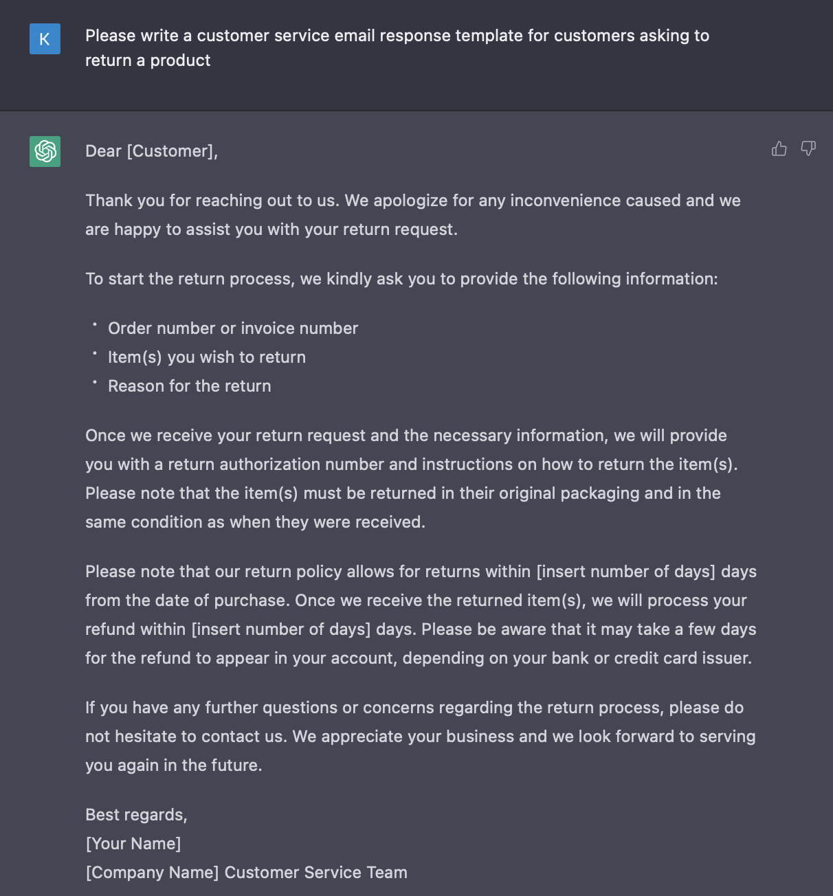 A ChatGPT conversation showing a user requesting a customer service email template for product return requests. The AI response provides a complete template with placeholders for customer name, order details, return policy timeframe, and company name.
