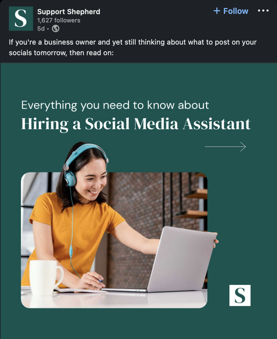 A LinkedIn post by Support Shepherd showing a promotional graphic titled "Everything you need to know about Hiring a Social Media Assistant," featuring a smiling woman wearing teal headphones and working on a laptop, with the Support Shepherd logo in the corner.