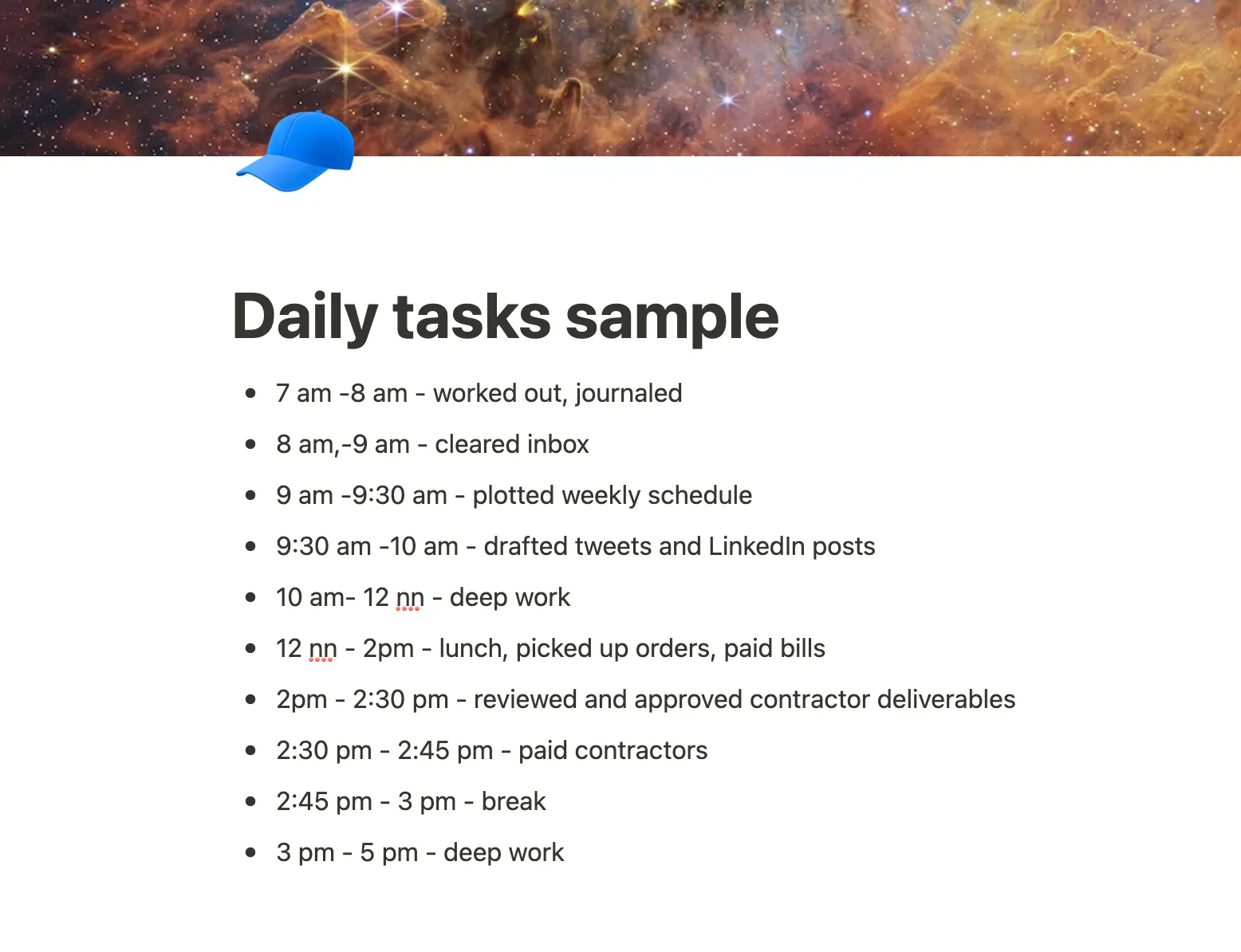 A screenshot of a Notion page titled Daily Tasks Sample